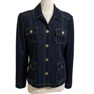 VINTAGE CASUAL CORNER Dark Blue Blazer Denim Look Top Stitch Gold Button Size 10